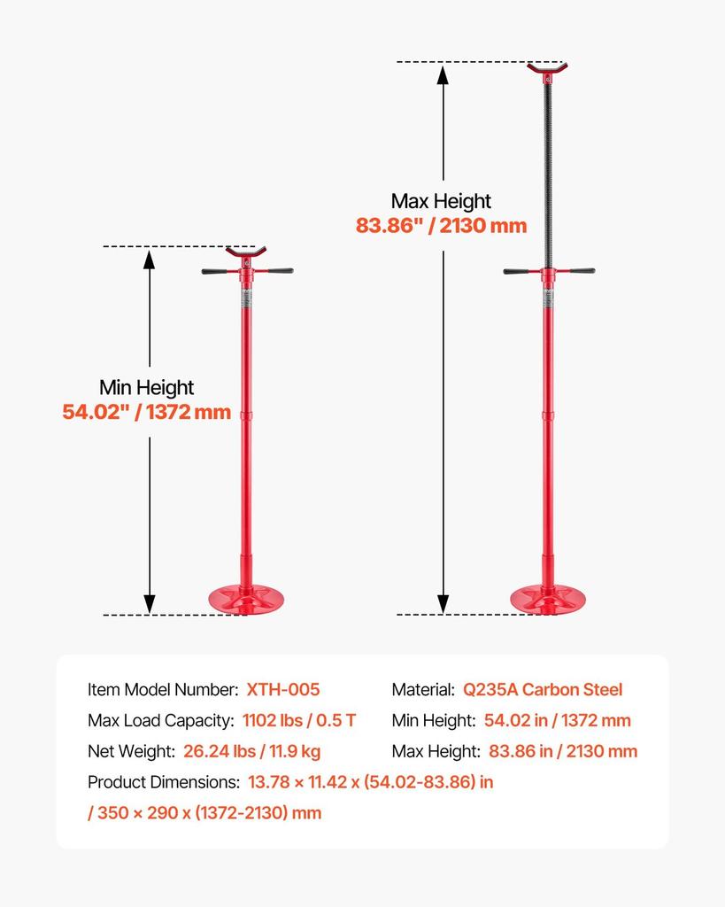 Underhoist Support Stand, 1/2 Ton Capacity Under Hoist Jack Stand, Lifting from 1372 To 2130 Mm, Bearing Mounted Spin Handle, Self-Locking Threaded
