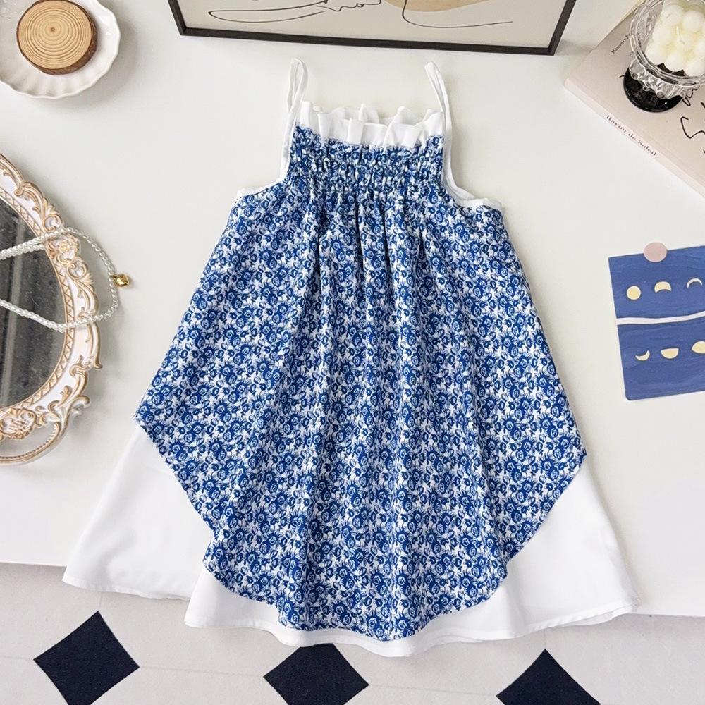 Girls Summer Floral Spaghetti Strap Dress Stylish Princess Vacation Sundress Kids Fashion Sleeveless Party Gown 100cm синий