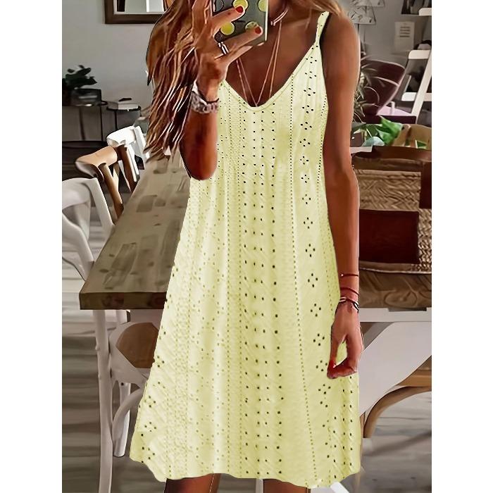 European and American women's clothing summer new hollow jacquard V-neck suspender solid color dress