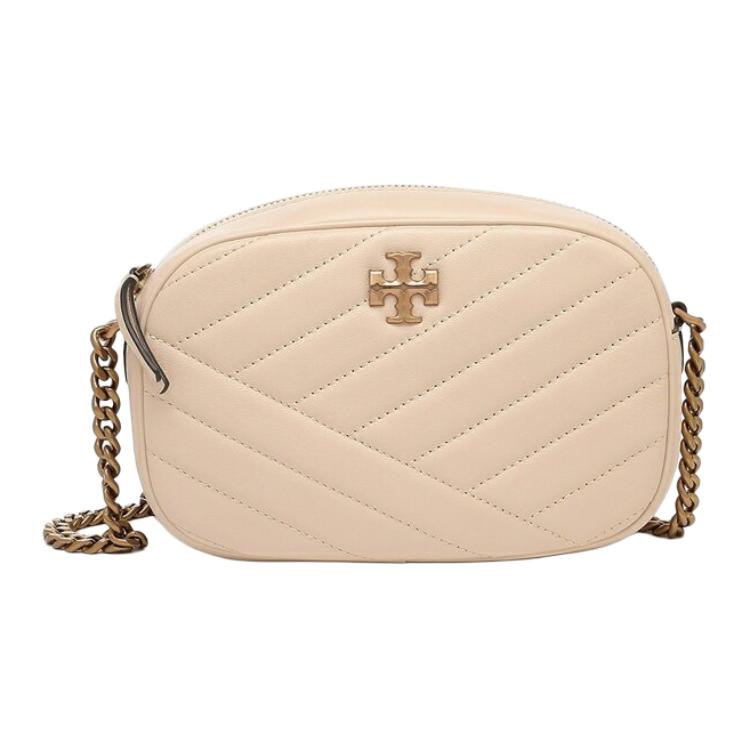 Tory Burch Kira Double T Logo Herringbone Stripe Zipper Camera Bag Women Shoulder Bag New-Cream 152353-122