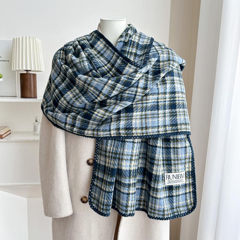 Retro plaid scarf women's autumn and winter new lock edge Korean version thickened warm scarf couple Korean dual-purpose shawl