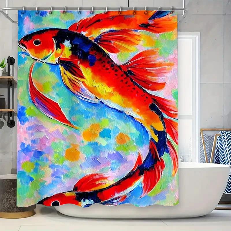Vibrant Art Shower Curtain Modern Bathroom Decor with Fish Painting Design Waterproof Fabric for Home Bathrooms Available