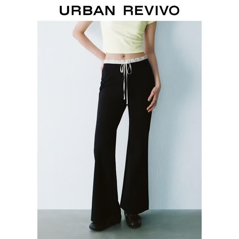 UR2026 Women s Faux Two-Piece Lace Spliced Color Block Flare Pants XS