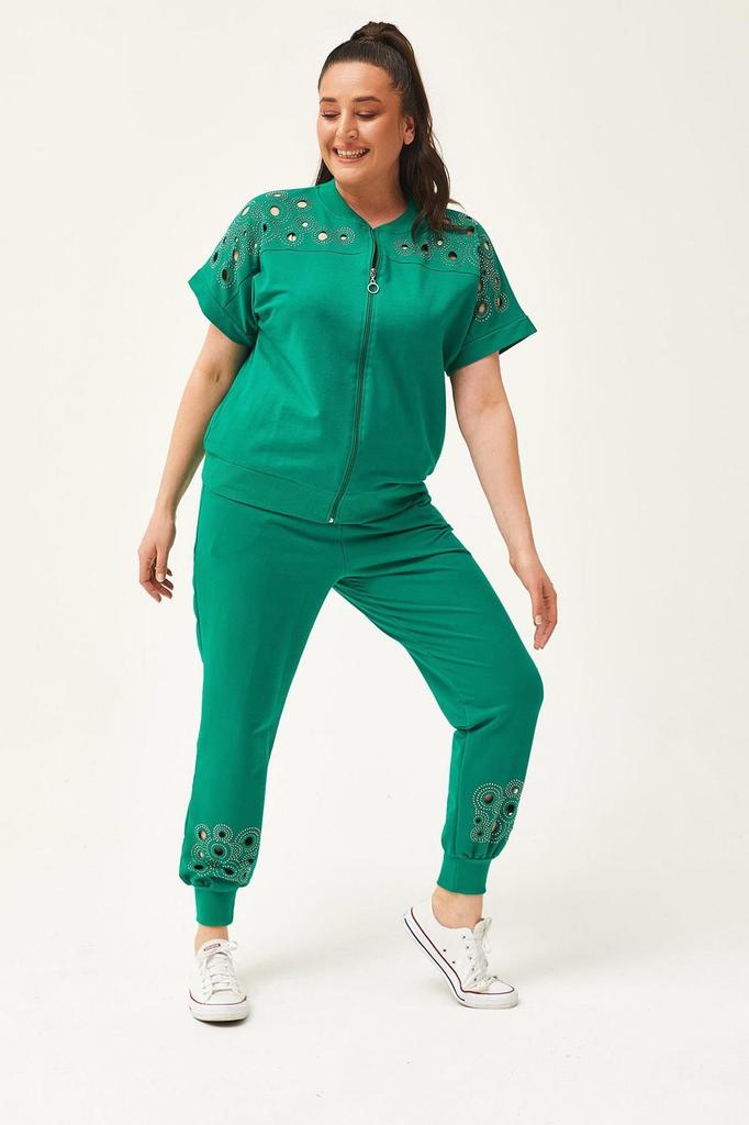 Women's Fashion Big Size Tracksuit Set Large Size Transparent Cut Stone Printed Summer Short Sleeve Green Tracksuit Set