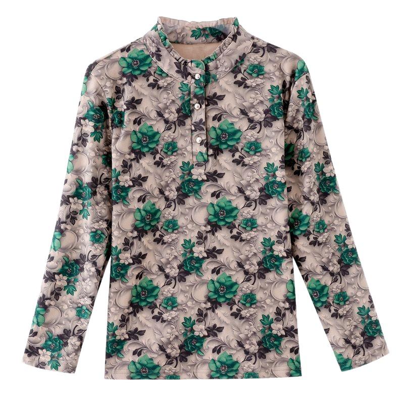 Neues Blumen-Stehkragen-Knopf-Oberteil - Fleecefutter Langarm für Frauen mittleren und höheren Alters, perfekt für Herbst/Winter