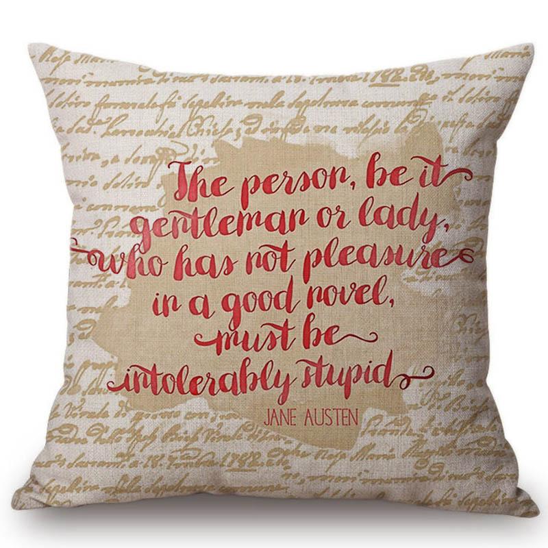 18" Square Floral Jane Austen Quotation Letter Print Sofa Throw Pillow Cover Case Cotton Linen Nordic Masterpiece Cushion Cover