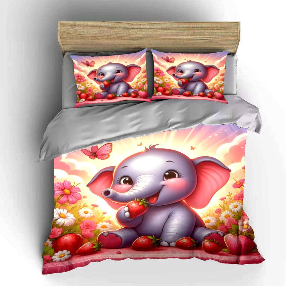 Baby Elephant Strawberry Decor Set Bedding Set with 1 Duvet Cover 2 Pillowcases Single Double King Queen, Gift