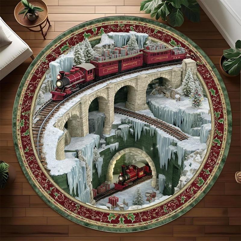 3D Vintage Steam Train Round Rug Rail Tracks Cliff Bridge Tunnel Firelight Forest Home Decor Carpet for Living Room Study