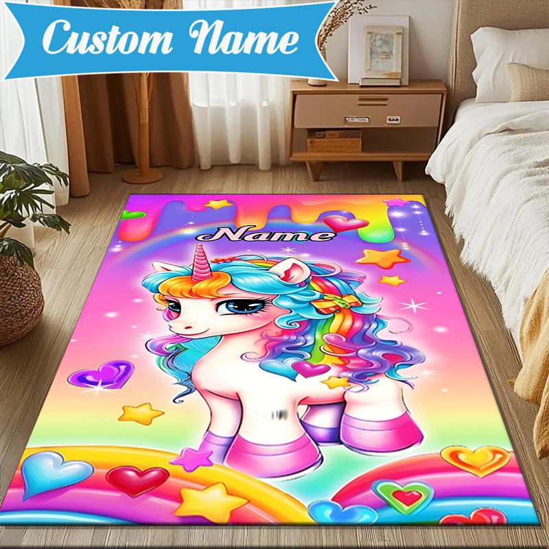 Custom Name Rainbow Unicorn Dream Rug for Living Room, Game Rooms, Office, Bedroom, Floor Mat Playful Design, fan gifts Christmas decor