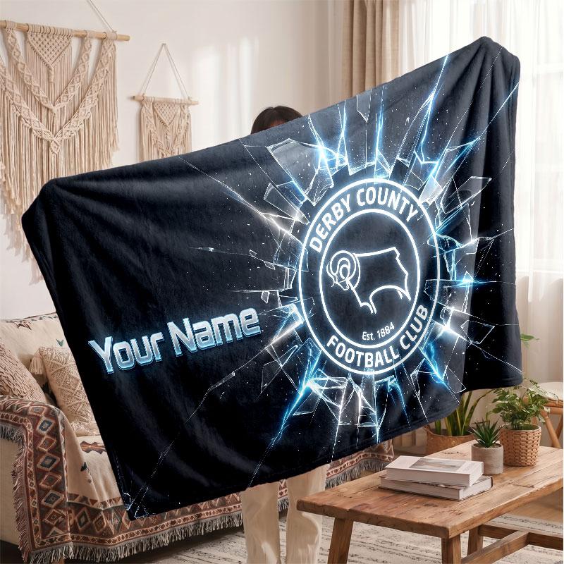Derby County Personalisierte Fleecedecke Mit Fußballlogo, Individueller Name Text Weiche Warme Wohndecke