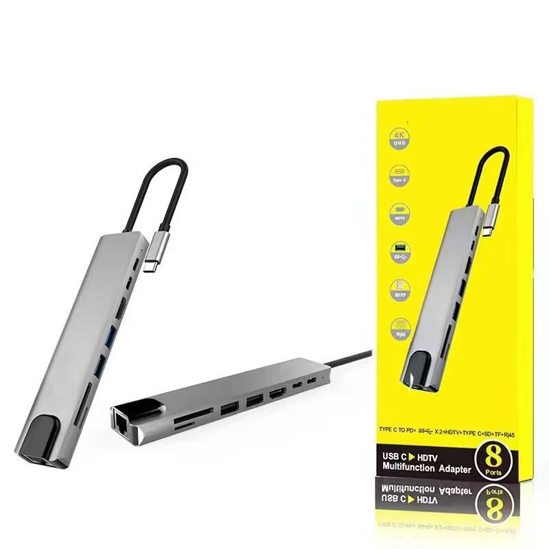 Type-C to 5-in-1 Docking Station: 100M Network, USB 3.0 Hub, 4K HD Screen Casting Converter