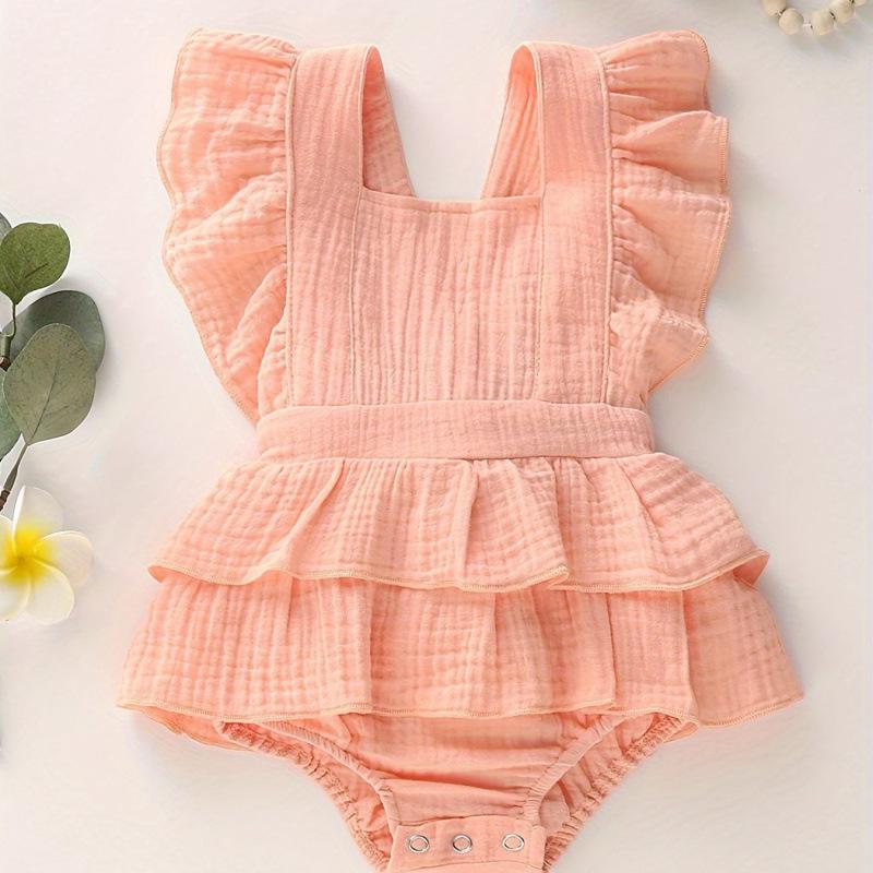 European & American Baby Ruffle Sleeveless Romper, Solid Color, Backless Design (2025 Edition)
