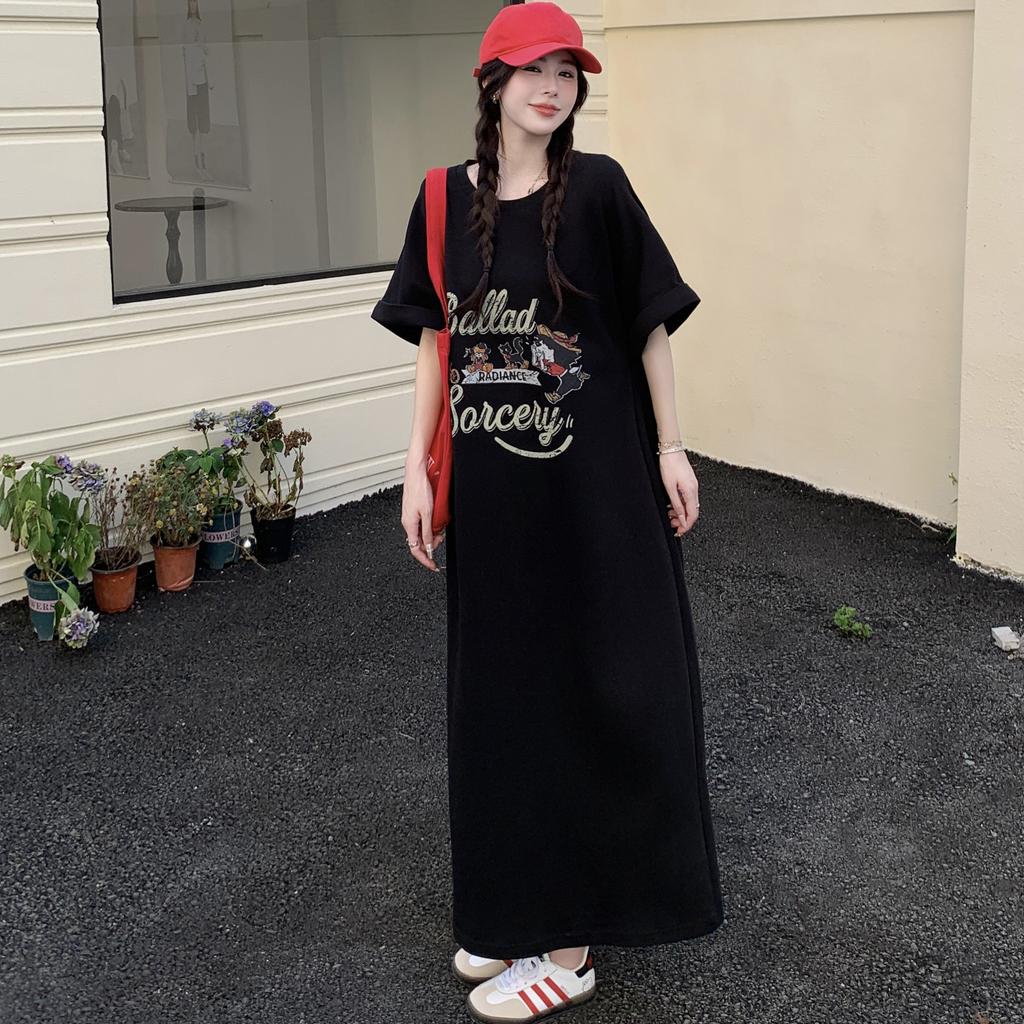 DIMANAF Women 2025 Plus Size Solid Dress Summer Vintage Dress Basic O-Neck Long Casual Loose Black Dress Maxi