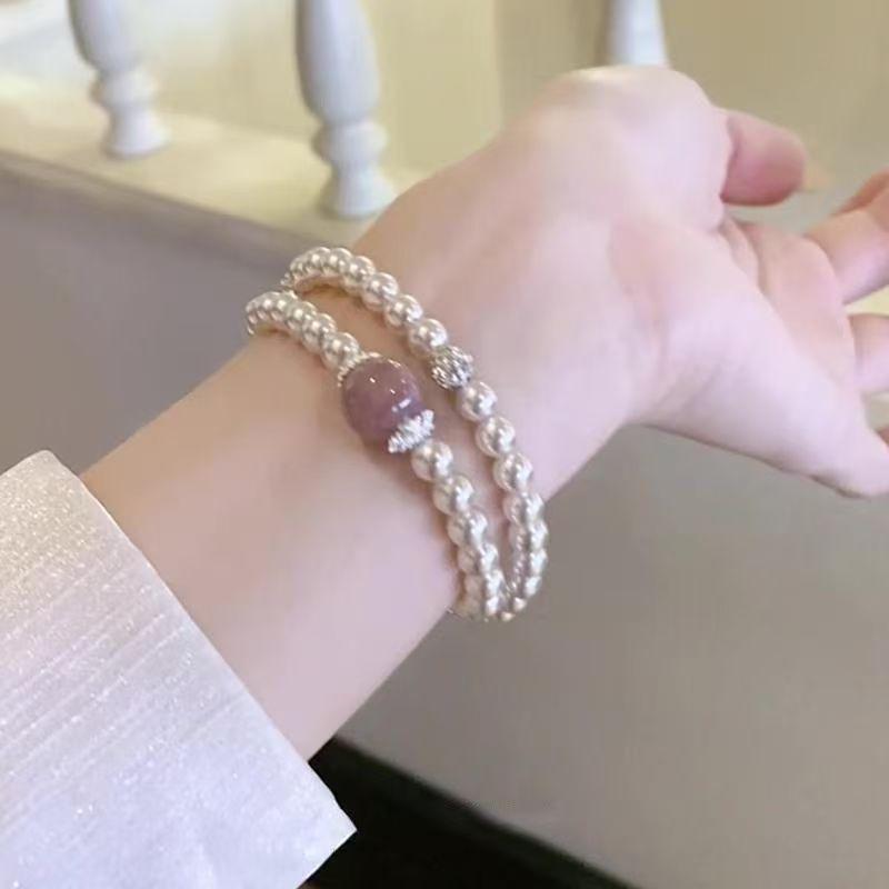 Light luxury double-layer stacked pearl powder bead bracelet, elegant niche high-end bracelet, personalized versatile temperament jewelry