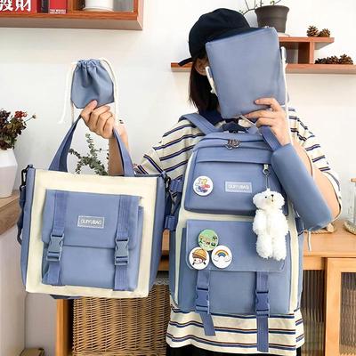 5pcs Primary School Five Piece Backpack Set High School Student Large Capacity Multifunctional Backpack Waterproof  Wear-resistant Canvas Leisure Bag