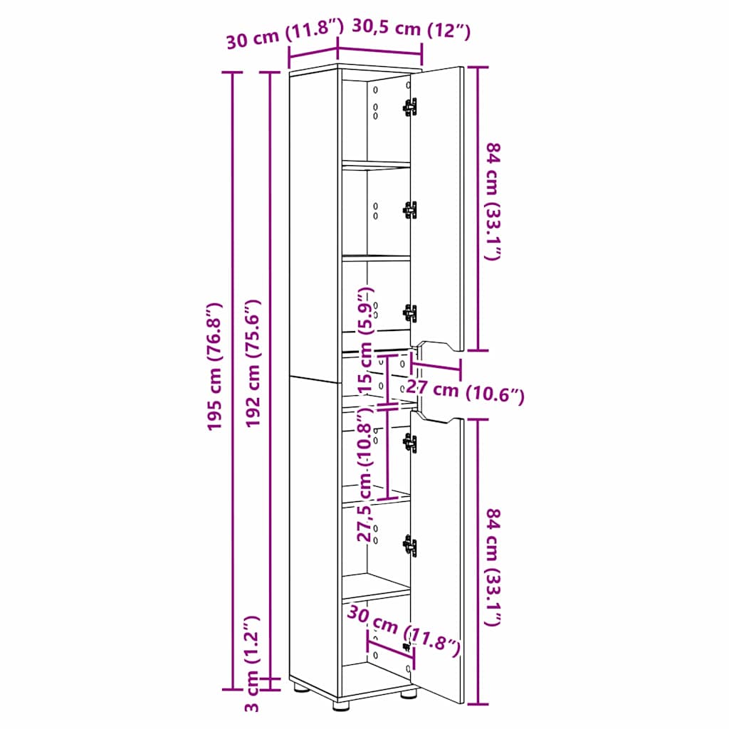 Bathroom Cabinet with Door Smoked Oak 30.5 x 30 x 195 cm