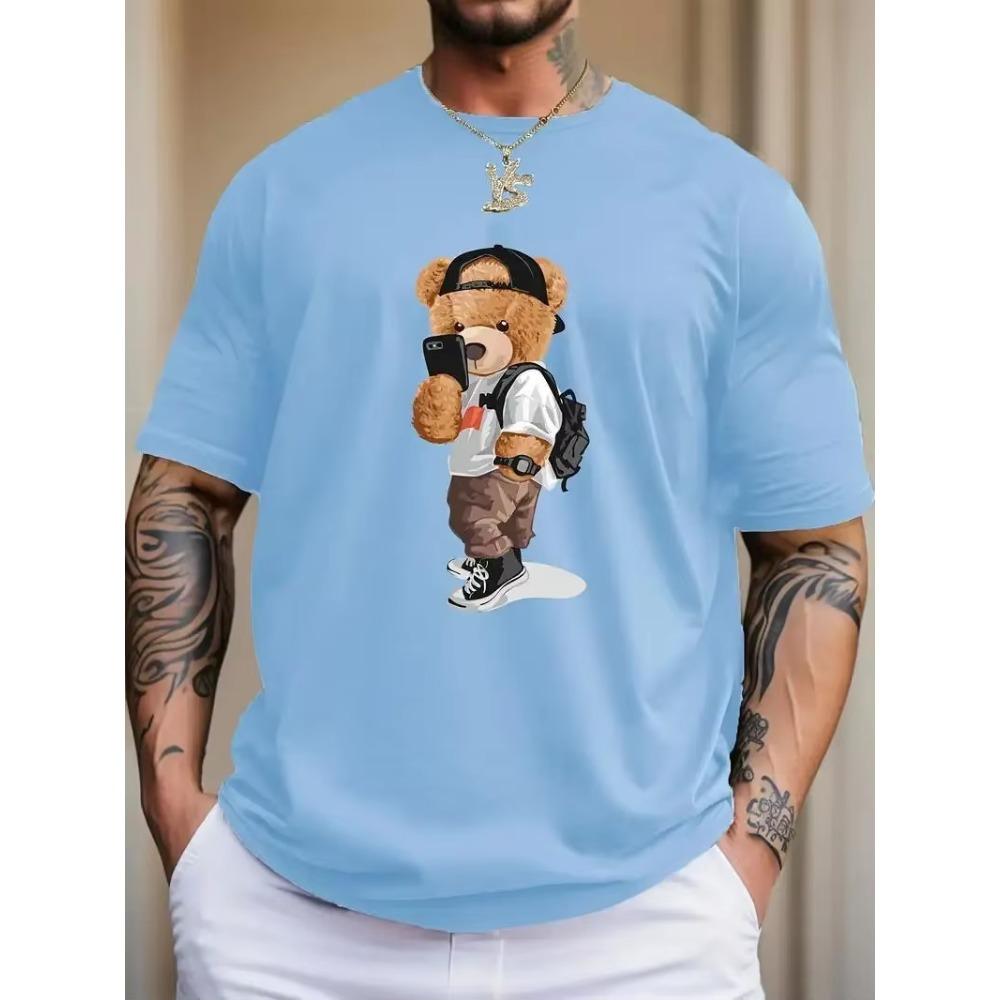 Cartoon Teddy Bear Print Men's Graphic Design Crew Neck Cotton T-Shirt Comfort T-Shirt, Everyday Resort Men's Clothing Top