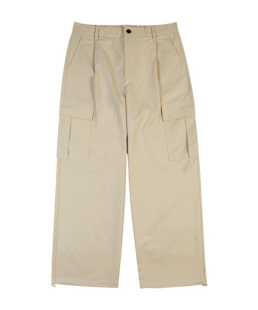 MOZMOZ Back Elastic Cargo Drawstring Cotton Pants Beige
