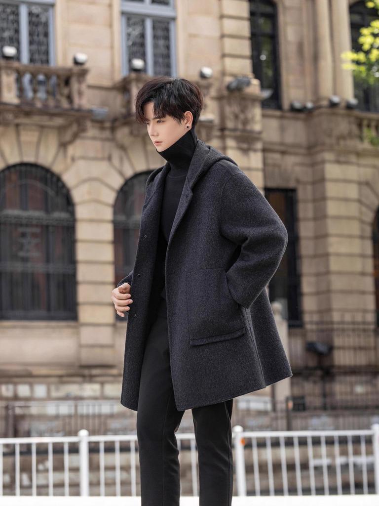 Men's Mid-Length Wool Hooded Coat, 2025 Winter Collection, Double-Sided Design, Thickened Windbreaker Jacket.