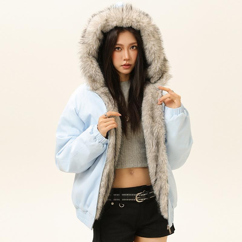 Dammodejacka med päls krage och huva, Vinter tjock varm jacka för män och kvinnor, Bomullsjacka