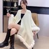 Plus Size Women's Knit Shawl with Fur Collar - Thick, Warm, Versatile Cloak-Style Cape Scarf