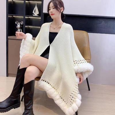 Plus Size Women's Knit Shawl with Fur Collar - Thick, Warm, Versatile Cloak-Style Cape Scarf