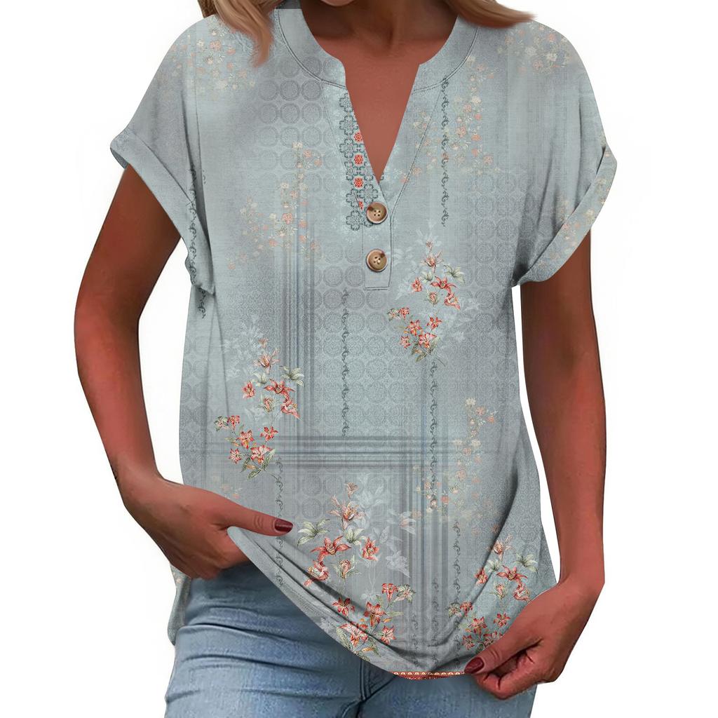 Women's Fashionable Casual Loose-Fit Short-Sleeved Button-Up V-Neck Printed T-Shirt Top