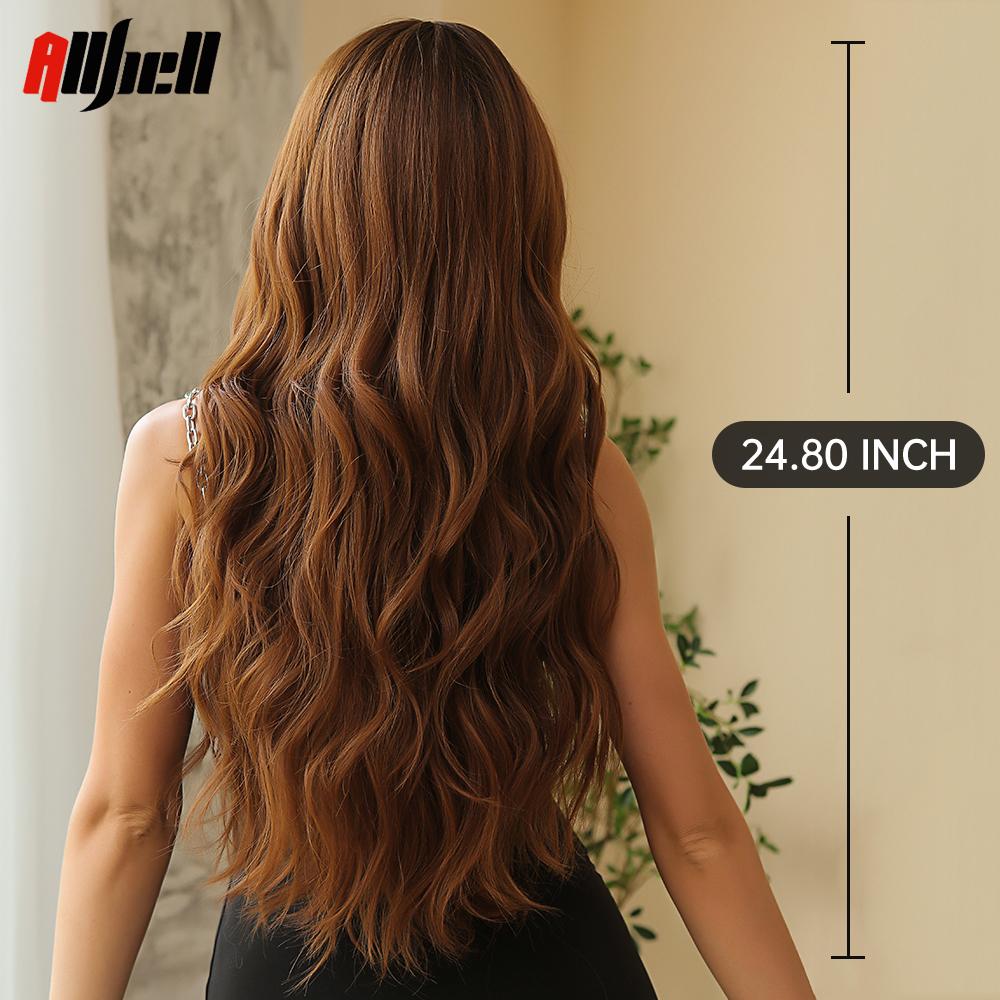Lange gewellte braune Ombre-Synthetik-Perücken, natürliches Haar, gewellte Damen-Perücken mit Pony, hitzebeständig, tägliche Verwendung, Cosaply für schwarze Frauen