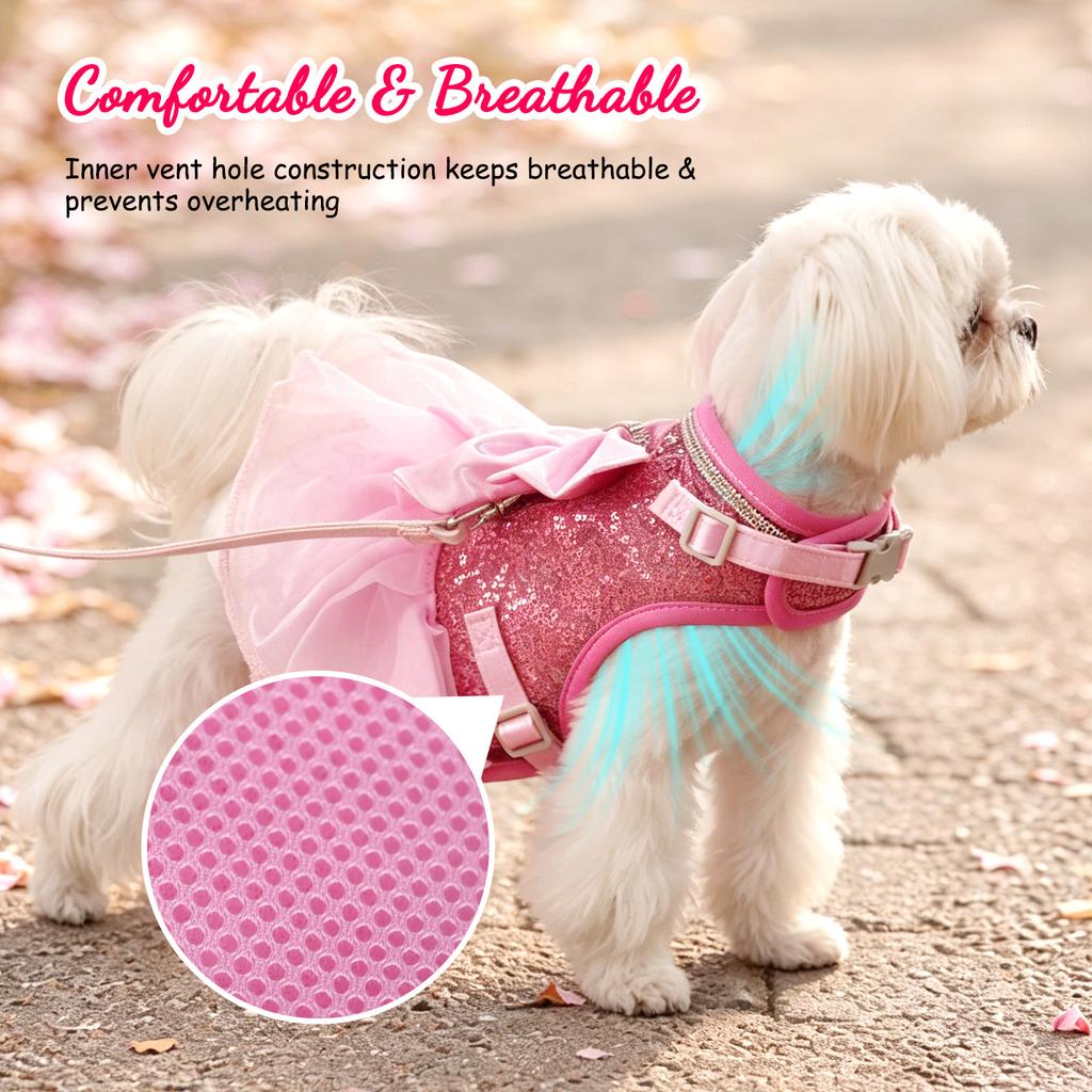 Bowknot Dog Harness Leash Set Shining Cat Puppy Birthday Dresses Pet Wedding Vest Harnesses With Lead For Small Medium Dogs Pink