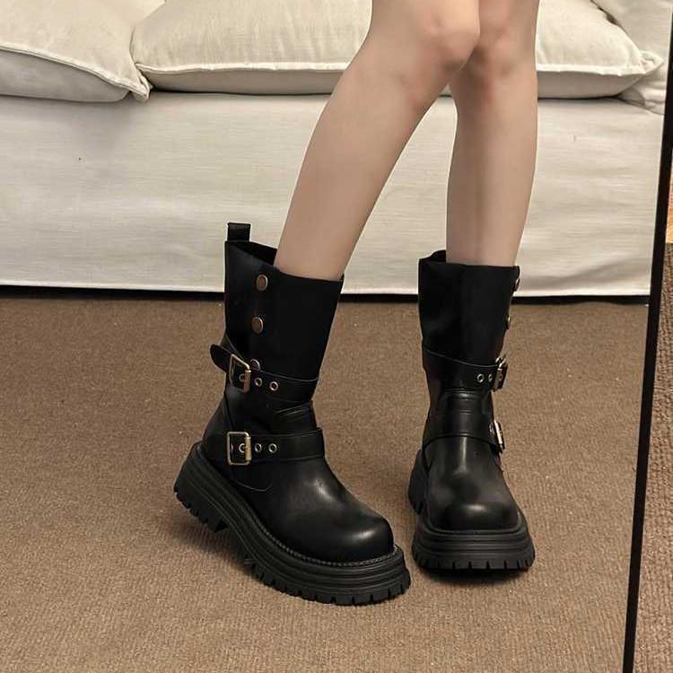 British Martin boots women's new spring and autumn versatile retro two-wear medium boots thick-soled black boots