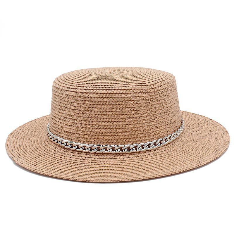 Spring and summer women's travel sunscreen straw hat fashion chain solid color beach British style jazz hat Hats