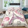 Eiffel Tower Duvet Cover Romantic Couple Flower King Comforter Cover Microfiber France Paris Cityscape Bedding Set For Girl Teen