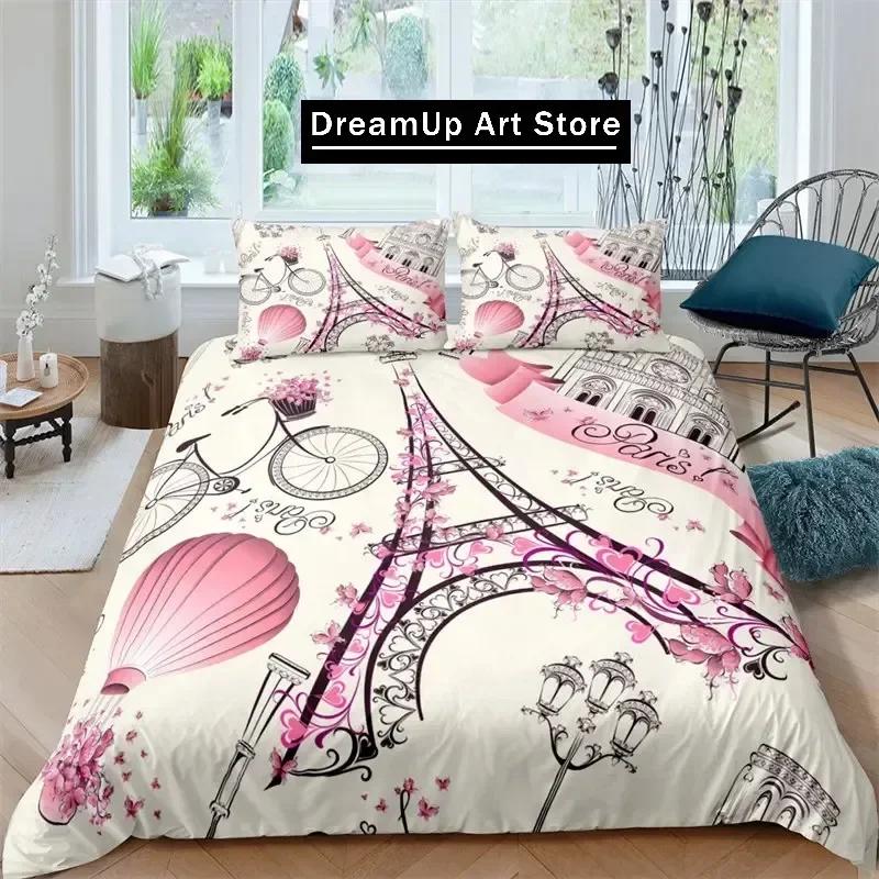 Eiffel Tower Duvet Cover Romantic Couple Flower King Comforter Cover Microfiber France Paris Cityscape Bedding Set For Girl Teen