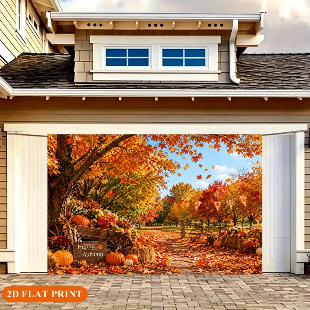 1 pieceof 2D flat banner depicting a harvest scene of pumpkins blooming in a rural setting made of polyester fiber materialzyc