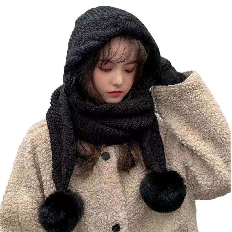 Knitted Scarf Hat with Pompoms Ball and EarFlaps Soft Pullover Hat Winter Accessory Unisex Headwear for Outdoor Activity