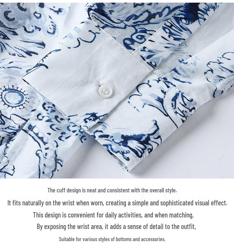 2026 Spring Women's Blue & White Porcelain Stand Collar Long Sleeve Shirt, Chinese Style, Slim Fit, Pure Cotton
