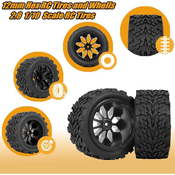 RC Station 12mm Hex RC Wheels and Tires 1/10 Scale RC Truck Tires and Wheels for Traxxas Rustler Stampede 2wd 4x4 vxl Hoss E-Revo Redcat Volcano EPX