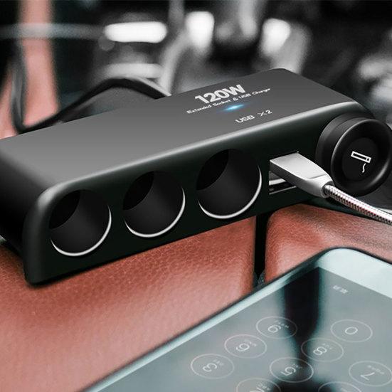 120W 4 Way Socket Car Lighter Splitter Dual USB Charger Power Adapter