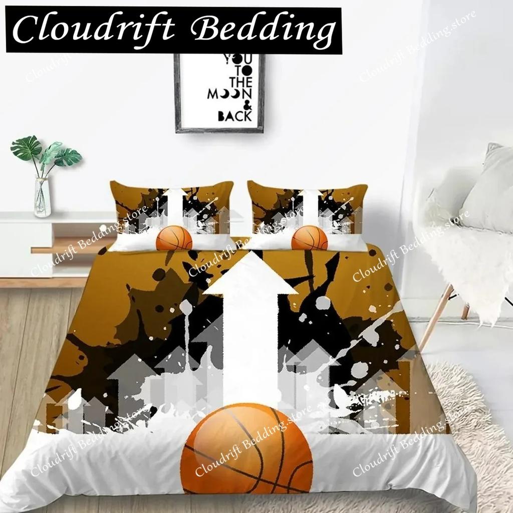 3D Basketball Duvet Cover Set Polyester Hand Catching Fire Basketball Sports Themed Bedding Set Queen Size Soft 3pcs Quilt Cover