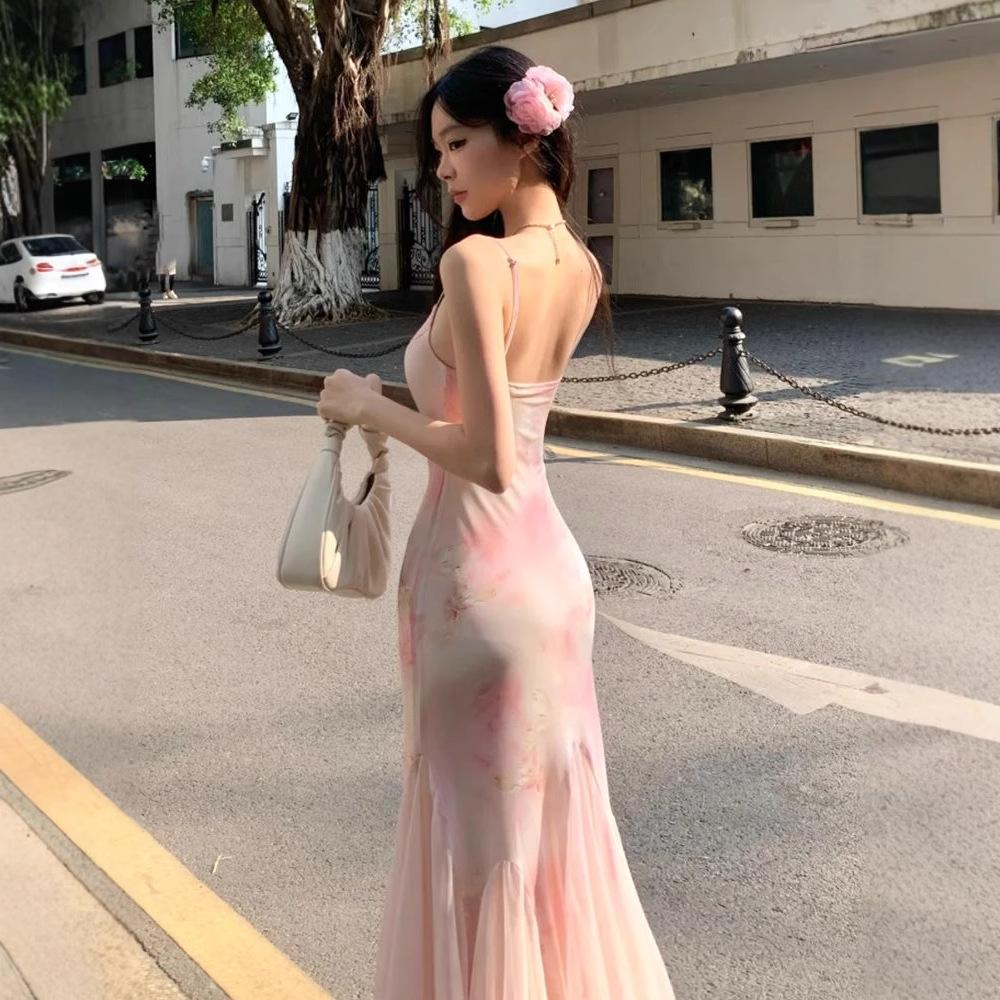 French pink floral mesh suspender dress women's summer seaside vacation slim waist long skirt