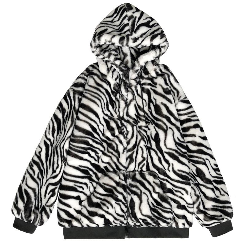 Kurtka damska z kapturem ze wzorem zebry, pluszowa, jesień i zima, nowa, luźna, pogrubiona, imitacja sierści królika, przeszywana