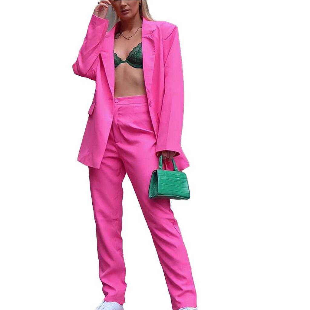 Damen Freizeitanzug Set Langarm Tiefer V-Ausschnitt Knopf Taschen Anzugjacke und Weite Gerade Bein Hose