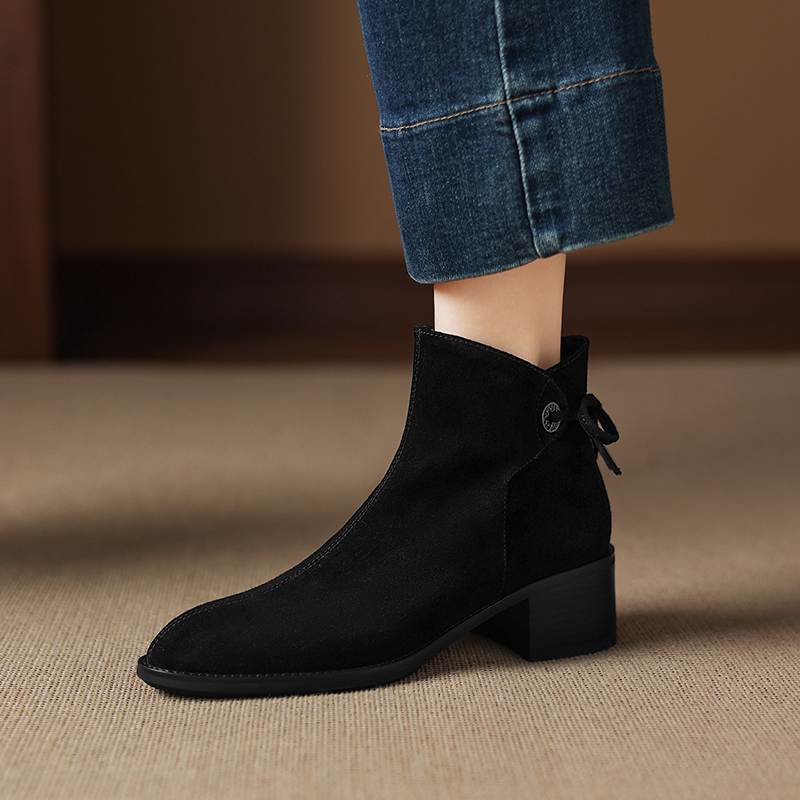 Krazing Pot Cow Suede Nubuck Round Toe Thick Heels Chelsea Boots Size 42 Slip on Women Butterfly-knot Ankle Boots