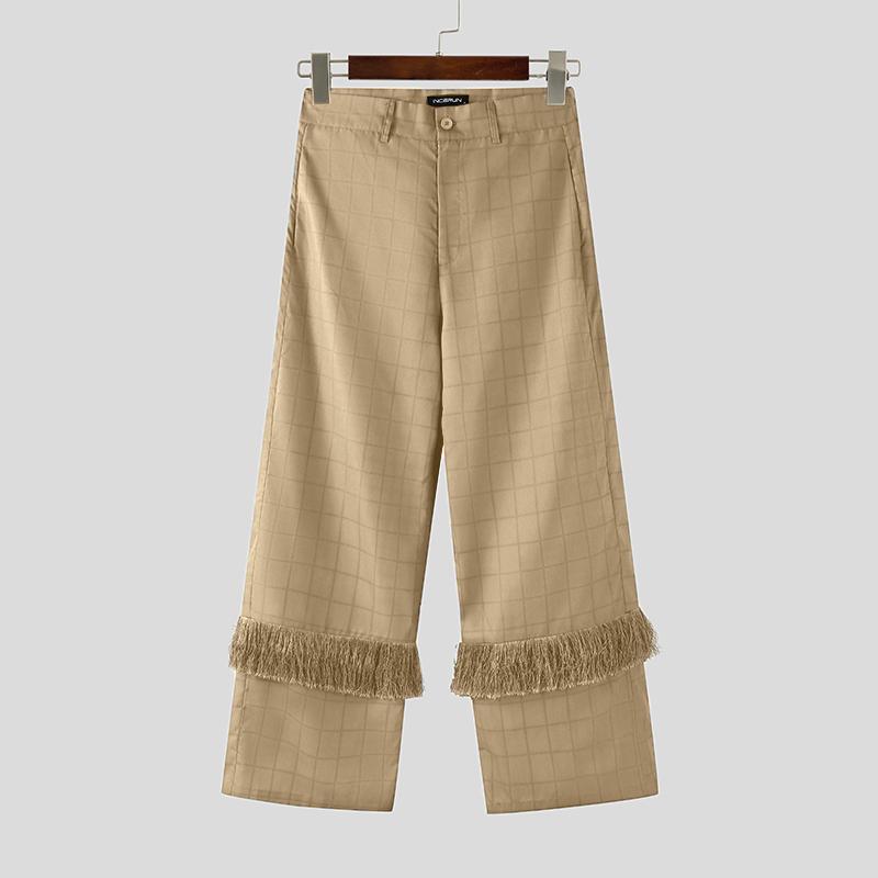 INCERUN Men Zip-up High Waist Plaid Print Tassel Casual Long Trousers Pants