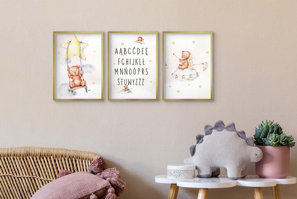 Zestaw Plakatów dla dziecka Alfabet Literki Miś Dziecięce Obrazy beż 30x40