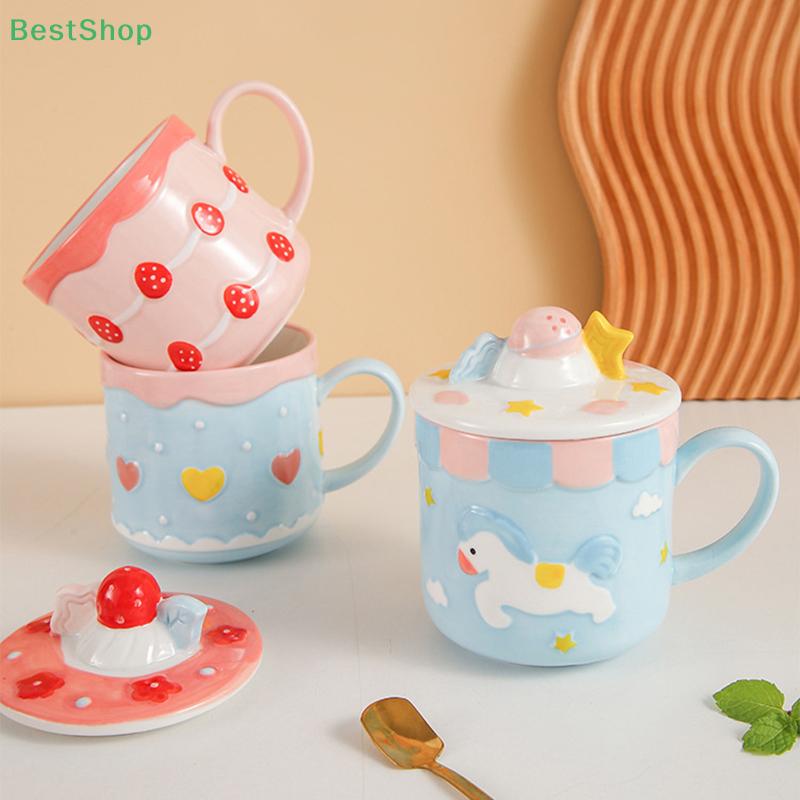 1ks 390ml keramický hrnek Vysoce hodnotný hrnek Strawberry Cake Cup Girls Roztomilý hrnek na vodu s víčkem Hrnek na domácí mléko na snídani