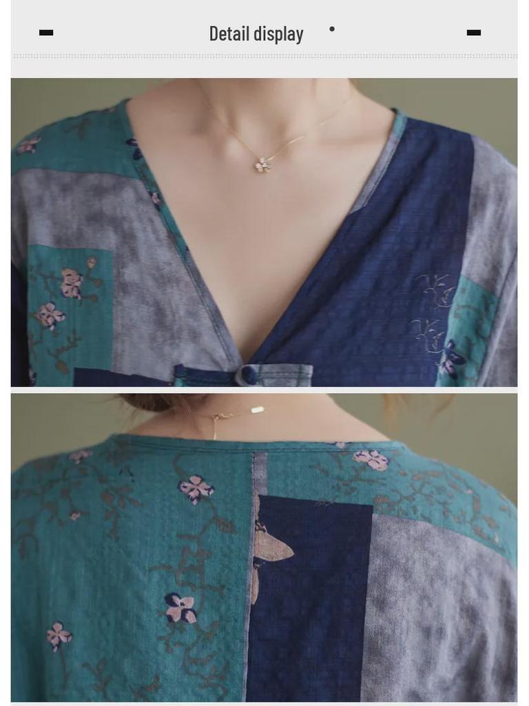 2022 Summer V-Neck Asymmetrical Cotton Linen Shirt - Printed, Plus Size, Mid-Length Sleeves, Retro Women's Fashion