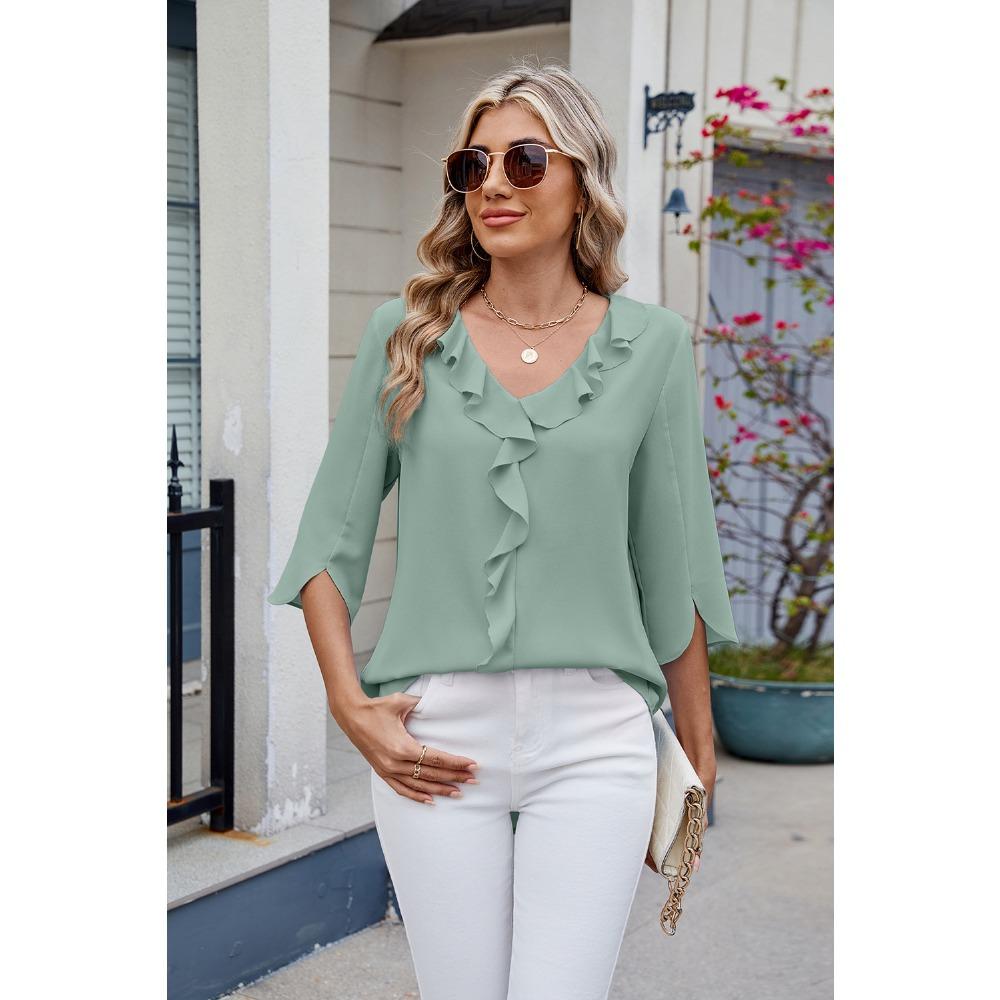 New, Hot-selling, Chiffon Shirt, Medium-sleeved V-neck Pleated Ruffle Edge Loose Women's Top