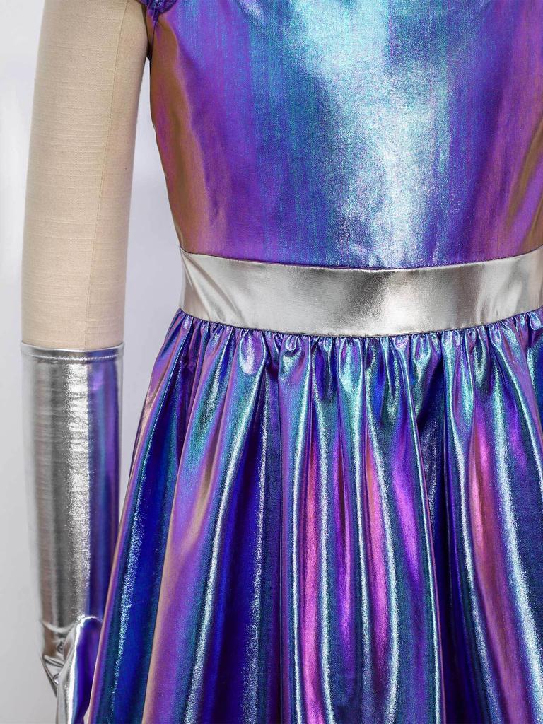 Girls Alien Cosplay Dress Metallic Hollow Out Flying Sleeve Back Zipper Ruffled Dress Gloves Robot Outfit
