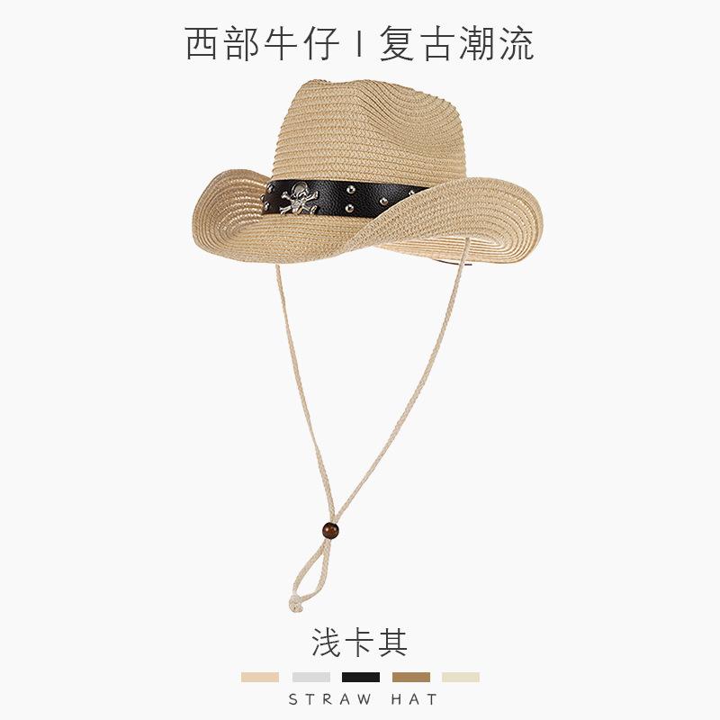 

Skull Belt Cowboy Straw Hat Summer Shade Sunscreen Hat Rolled Eaves Western Cowboy Straw Hat Sun Hat Adjustable